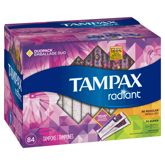 Tampax Radiant Tampons Duo Pack Regular/Super Absorbency, Unscented (84 ct.)