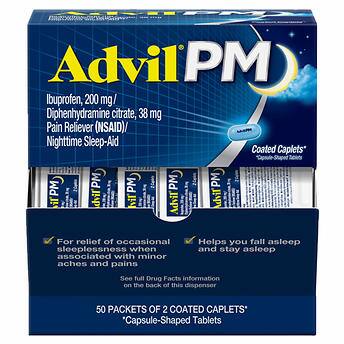 Advil PM Ibuprofen Caplets Dispenser Box, 2 caplets, 50-count