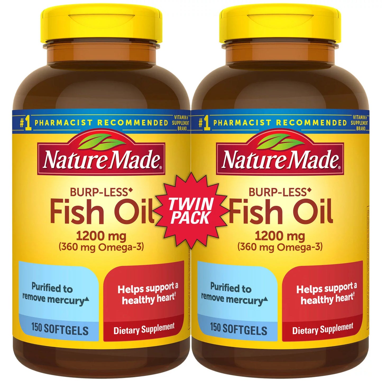 Nature Made Burp-Less Fish Oil 1, 200mg Softgels for Heart Health† (150 ct., 2 pk.)