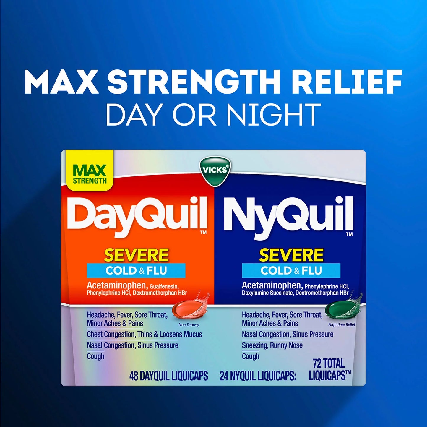 Vicks Severe DayQuil and NyQuil Cough, Cold & Flu Relief, 72 LiquiCaps